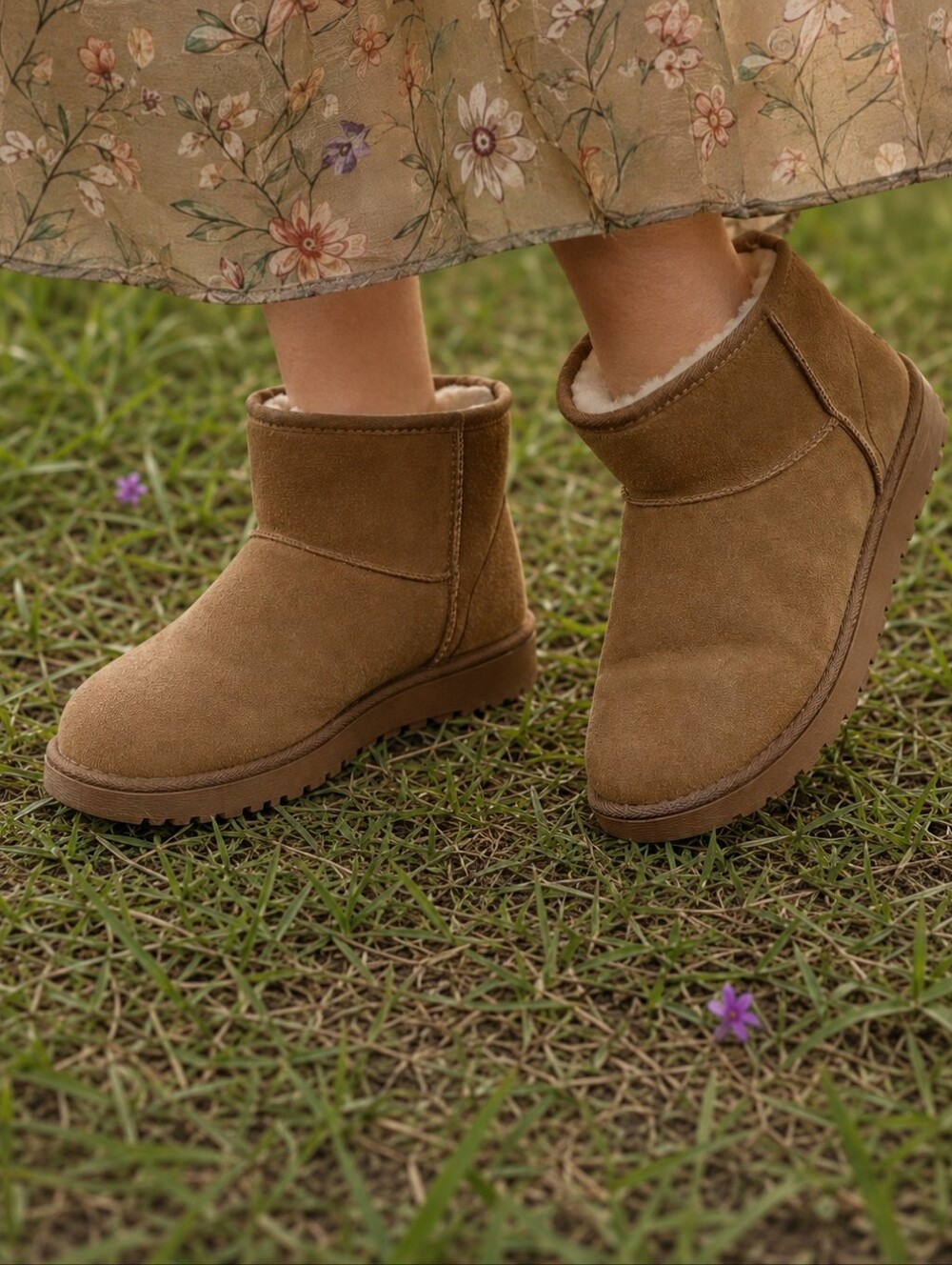 Chestnut Booties Suede Plush Vegan Fur Ankle Boots Cozy Fall Slippers Sz 10